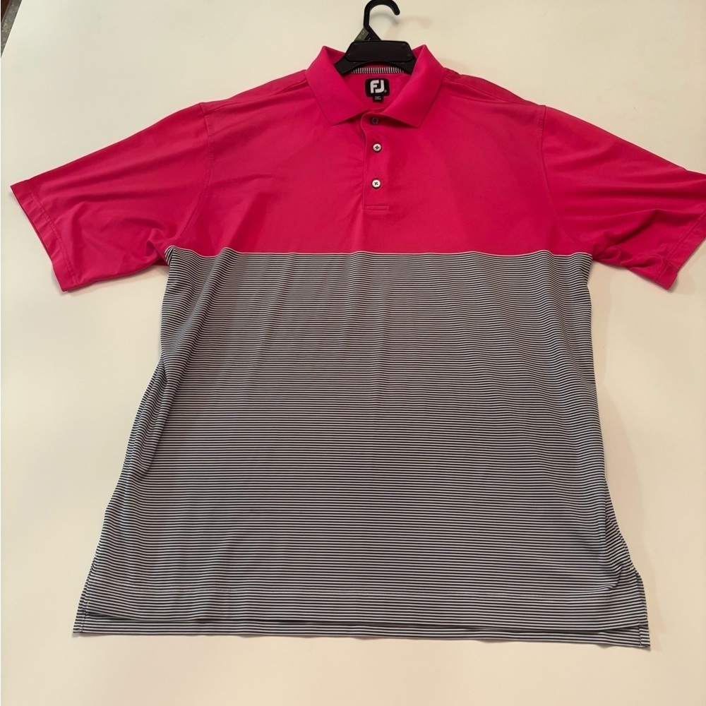 FootJoy Golf Polo Shirt Men’s XL Pink & Navy Striped Performance Stretch
